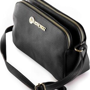 Baroncelli Black Pebbled Double-Zip Crossbody Bag with Gold Hardware
